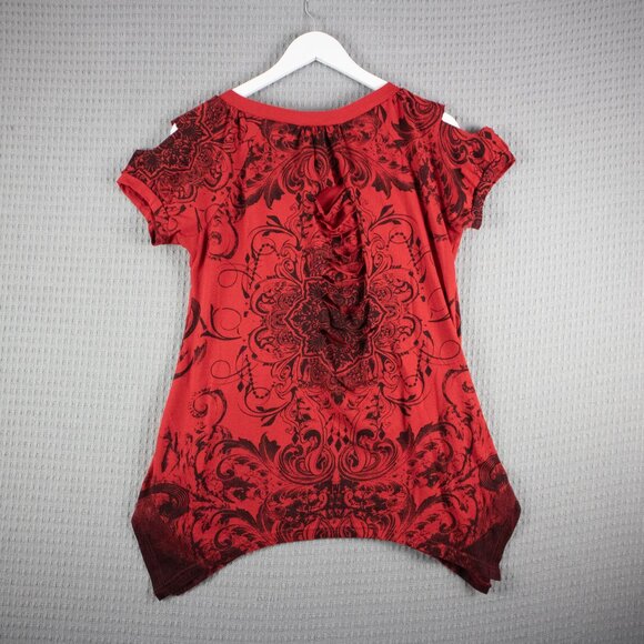 Paradisio Graphic Cutout Shoulder Blouse Womens XL - Picture 2 of 8